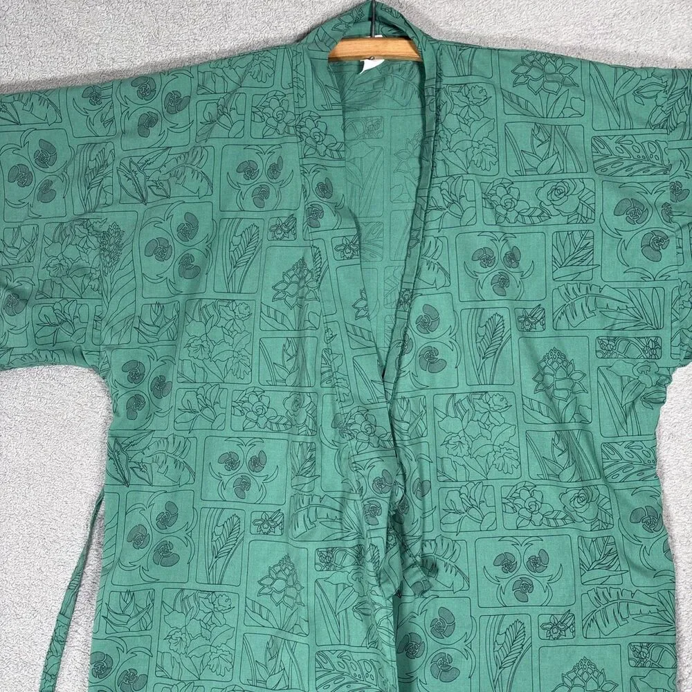 Vintage Women's‎ Emerald Green Kimono Robe Framed Botanical Patchwork Print MCM